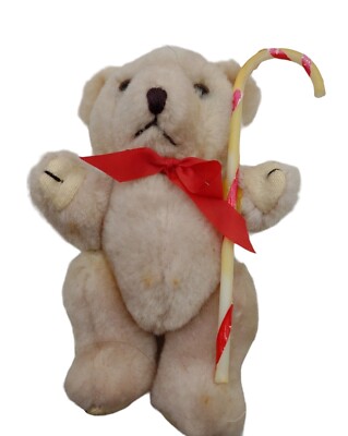 Vintage Teddy Bear Candy Cane Plush Stuffed Animal Jointed Arms Legs Christmas