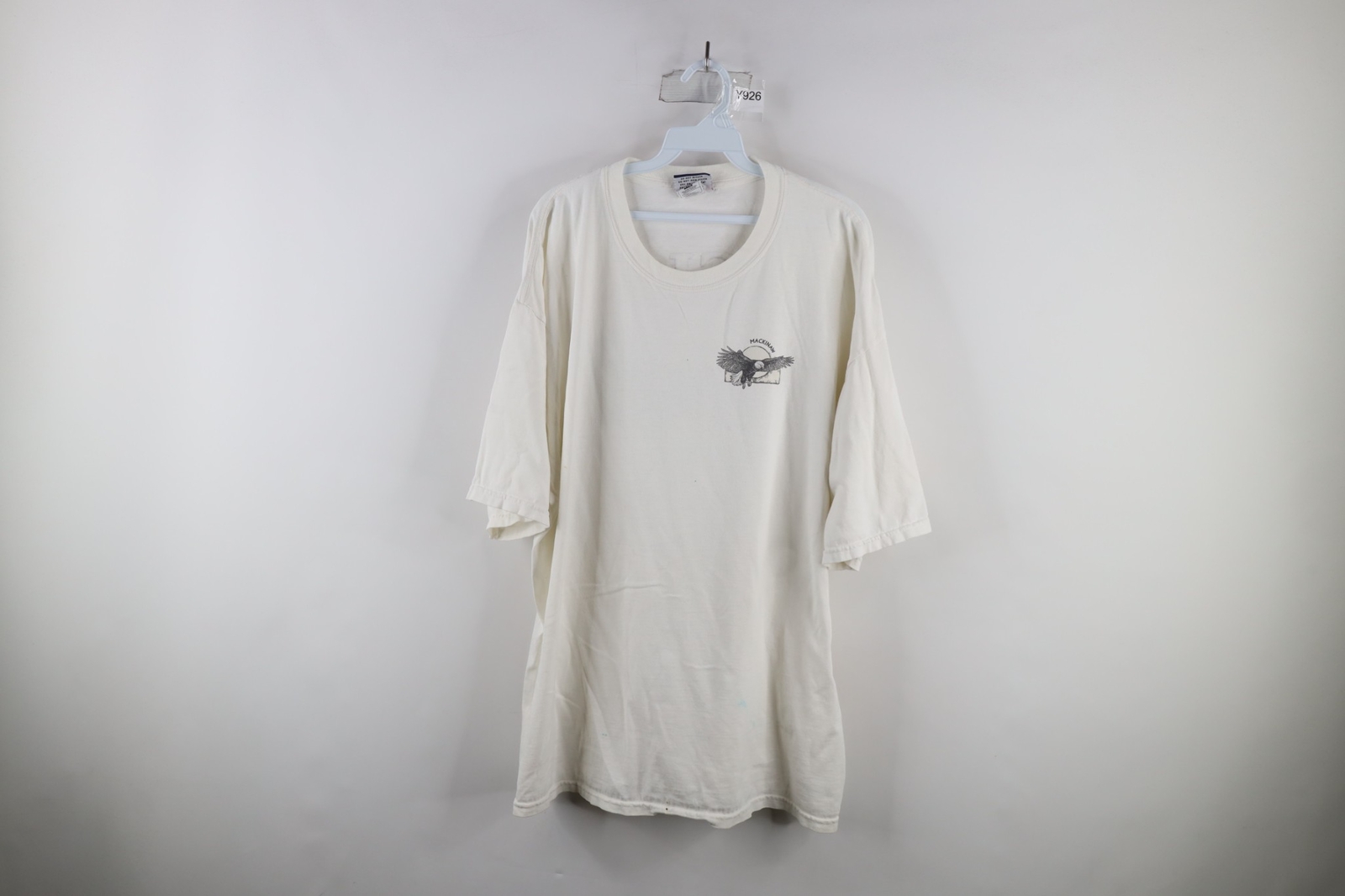 Vintage 90s Streetwear Mens 2XL Thrashed Spell Out Mackinaw Eagle T Shirt White