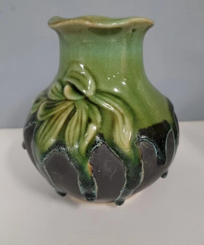 Vintage Vase Drip Glaze Studio Pottery Green Leaves 6" Tall Arts & Crafts Boho