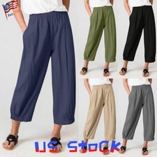 Womens Cotton Linen Cropped Harem Pants Ladies High Waist Wide Leg Trousers New