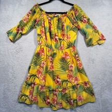 Forever 21 Floral Off Shoulder Dress Women M Ruffle Hem Tropical Yellow Chiffon