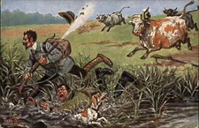 Arthur Thiele Comic Men Hunting Chased by Bulls c1910 Postcard