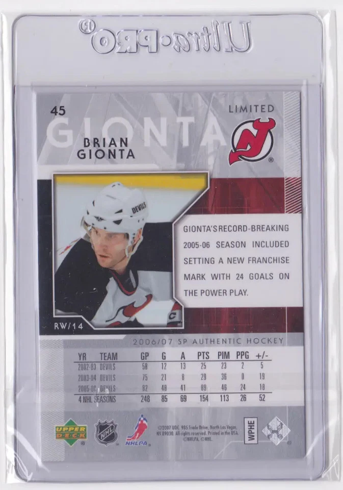 2006-07 UD SP AUTHENTIC LIMITED BASE 44/100 BRIAN GIONTA #45 NEW JERSEY DEVILS - Image 2 of 2