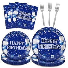96Pcs Blue Birthday Party Tableware Set, Navy Blue and Birthday--Blue Silver