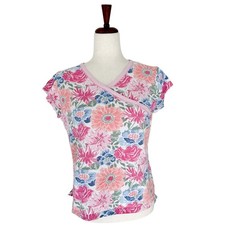 Garnet Hill Women's Pajama Top Small Asian Wrap Top Floral 100 Organic Cotton