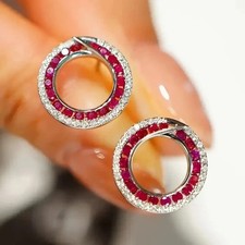 2Ct Round Cut Lab-Created Ruby Women's Circle Stud Earrings 14K White Gold Over