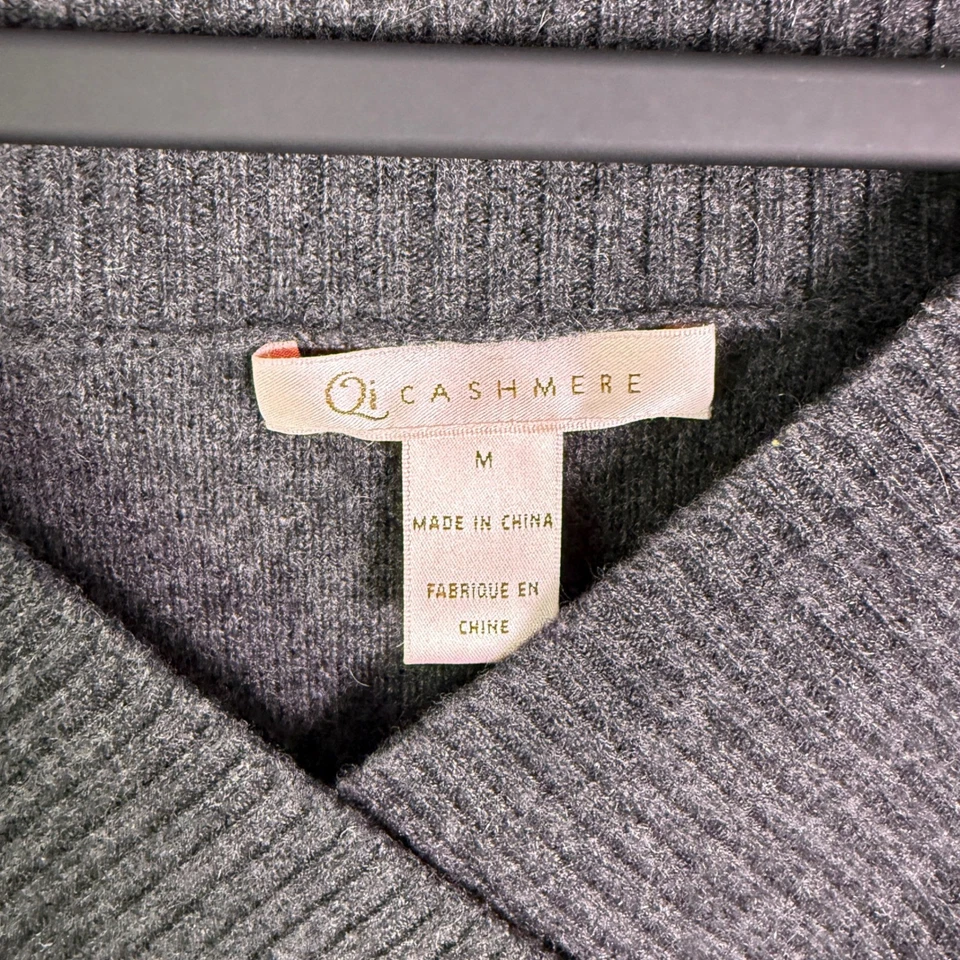 Qi Cashmere Gray 100% Cashmere V Neck Sweater Sz M quiet luxury old money preppy - Image 3 of 4