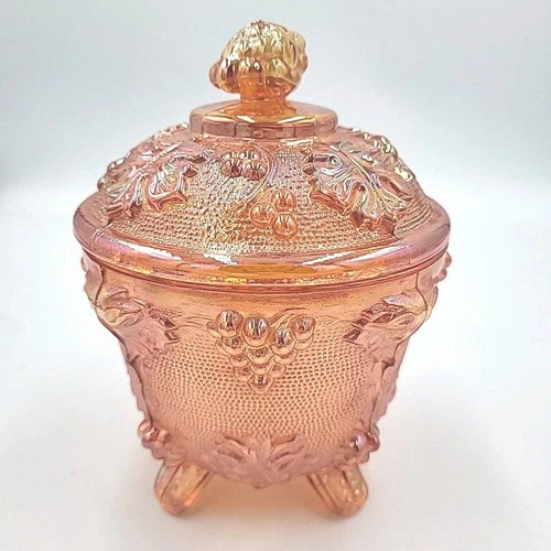 Vtg Jeanette Depression Carnival Glass Harvest Grape Footed Candy Dish w/ Lid