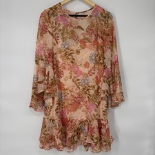 Eliza J Floral Mini Dress Size 8 Pink Gold Metallic Bell Sleeve Ruffle Fairy