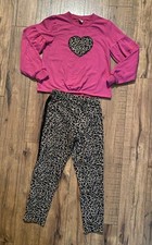 1246 Wonder Nation 10/12 Girls Outfit Pink Shirt W/Heart Multicolor Pants