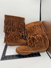 Brown Suede Fringe Moccasin Boots Size 10 Mohawk