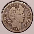 1893-O BARBER DIME -- solid Very Good (VG) -- dark rev field