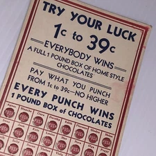 Vtg General Store 1 LB Box of Chocolate Gambling Punch Card Trade 1 -39 /124j