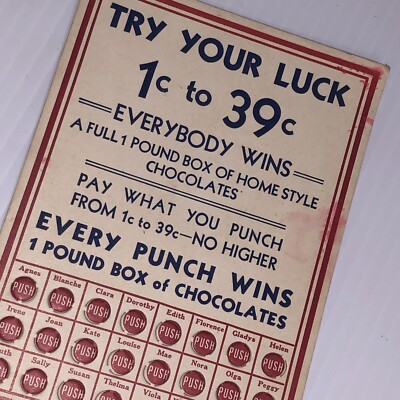 Vtg General Store 1 LB Box of Chocolate Gambling Punch Card Trade 1 -39 /124j