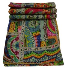 Indian Handmade Kantha Vintage Quilt Twin Gudari Throw Cotton Bedspread Blanket