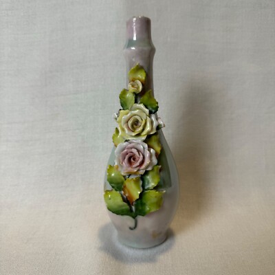 Green Luster Elfinware Perfume Bottle With Cork 3D Roses Germany