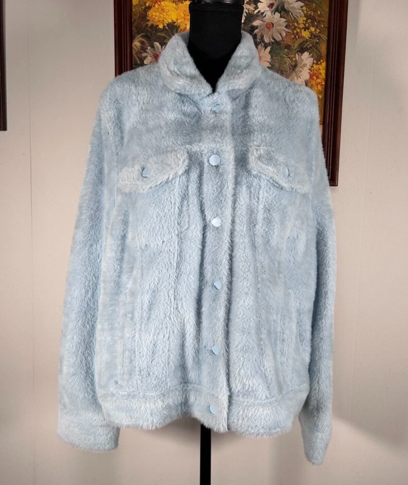 Casaco feminino Banana Republic pele sintética fuzzy caminhoneiro XXL azul claro novo com etiquetas