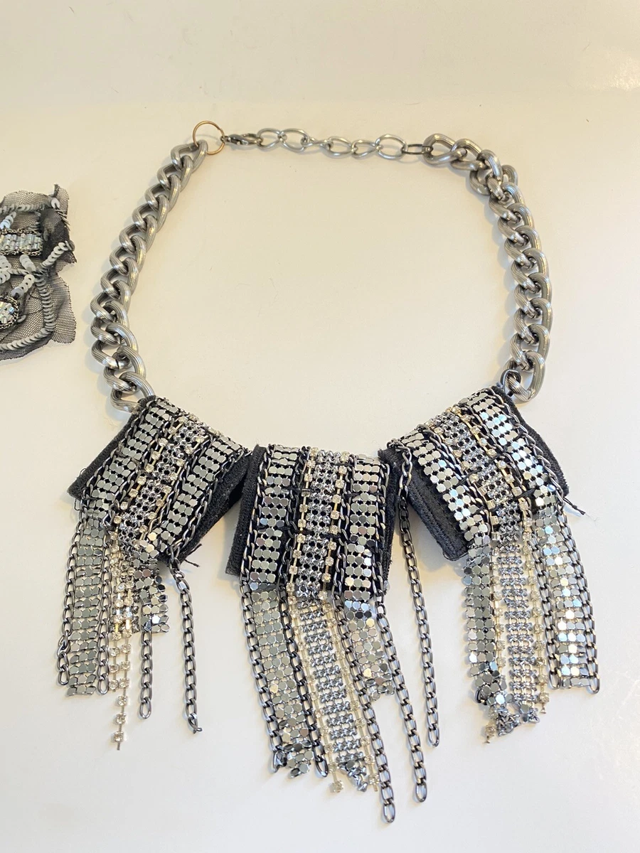 Chunky Black patch Sequin Necklace Silver Tone gold tone and
