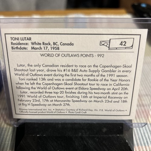 1991 World of Outlaws Racing, Toni Lutar, Card #42, In Protective Sleeve. - Picture 2 of 2