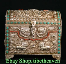 14.4" Old Tibetan Silver Turquoise Gems Dragon Phoenix Flower Treasure Chest