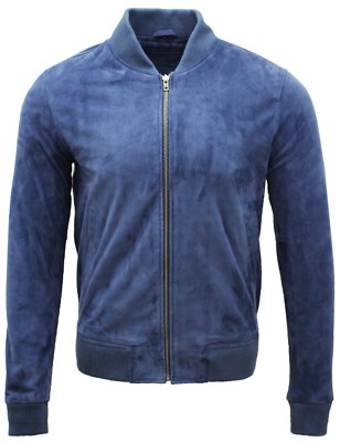 Mens Retro Ocean Blue 100% Genuine Soft Goat Suede Leather Bomber Varsity Jacket