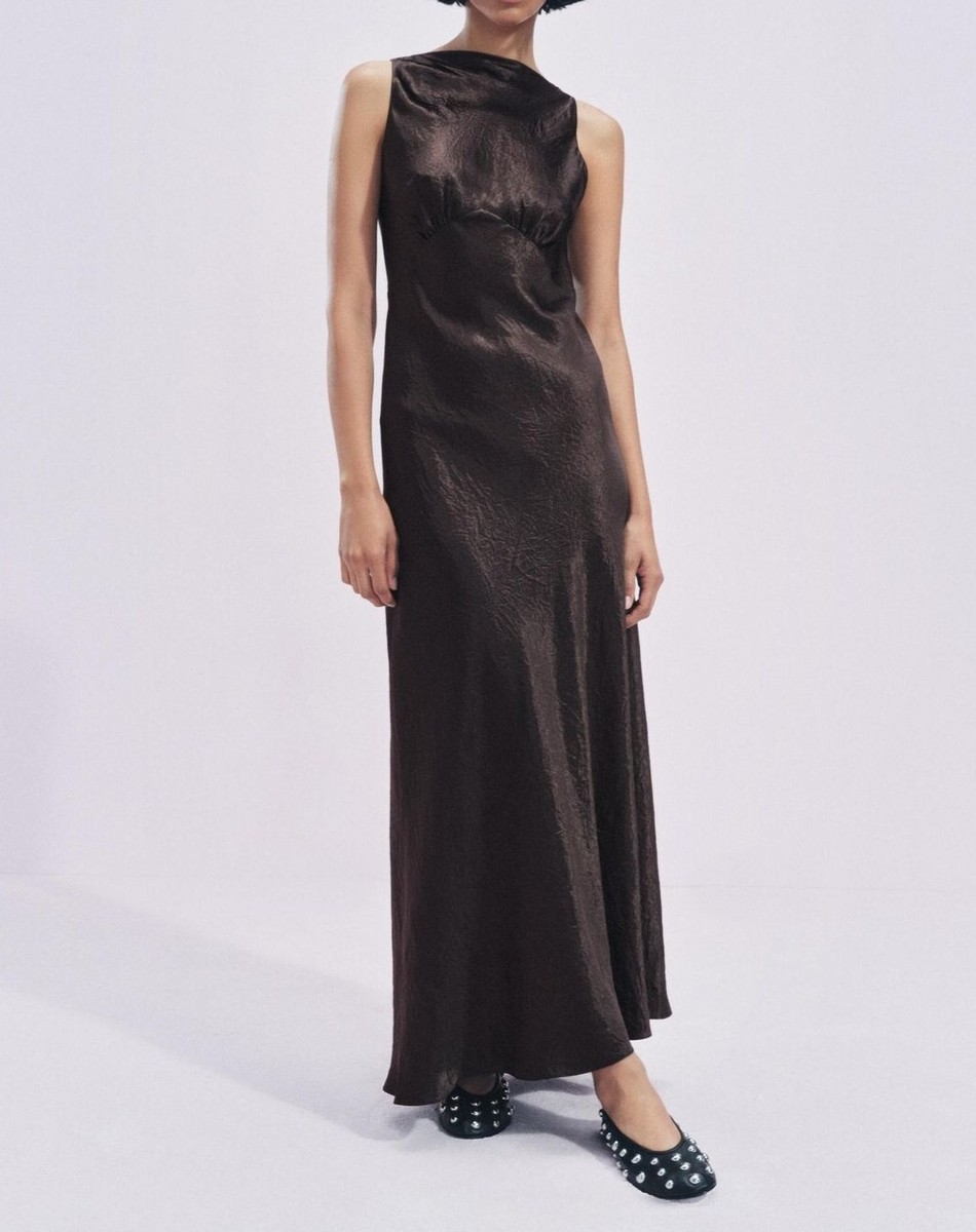 NEW ZARA AW24 GATHERED SATIN BROWN DRESS ZW COLLECTION 8659