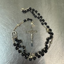Vtg CRUCIFIX PENDANT JESUS Cross Silvertone Metal Black Beads ROSARY