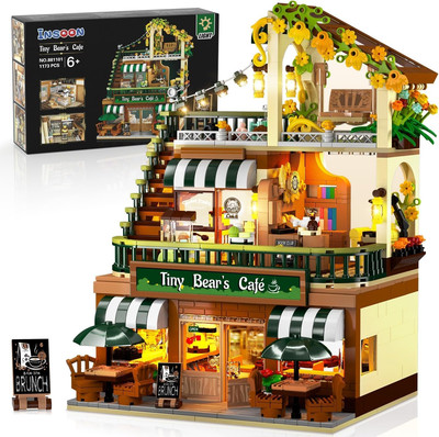 City Coffee House Building Set with Light, 1173 PCS Cafe Shop Building Block Toy