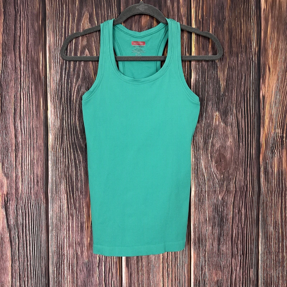 SPANX Racerback Ribbed Green Tank Top Stretch Built In Shelf Bra Women’s Sz  S/M