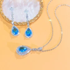 Classy Light Blue CZ Long TearDrop Pendant Necklace Dangle Earrings Jewelry Set