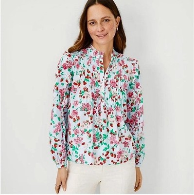 Ann Taylor Floral Strawberries Cherries Ruffle Pintucked Blue Pink Blouse Sz M