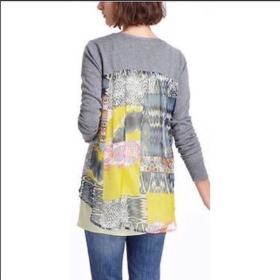 ANTHROPOLOGIE Yellow Bird Grey Print Spliced Button Cardigan Cardi Sweater Small
