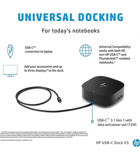 HP USB-C G5 Docking Station w HDMI, DisplayPort, RJ45, 120w Power Adapter, Black - Afbeelding 2 van 6