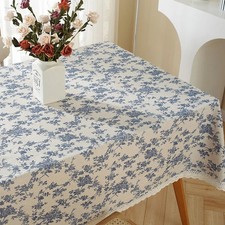 Blue Floral Pastoral Tablecloth, Vintage Cotton Linen Rectangular Table Cover f