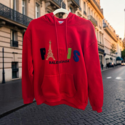 Balenciaga Men's Red Paris Logo Pullover Hoodie 2XL Cotton Fleece Pockets