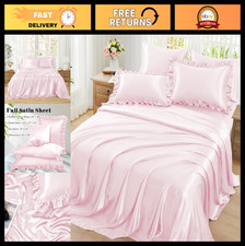 Ruffled Satin Bed Sheet Set Full Size 6pc - Blush Pink, Deep Pocket, Soft Luxu