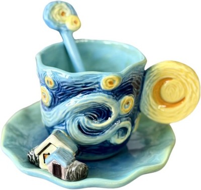 Ceramic Starry Sky Coffee Mug and Saucer set with Spoon,3D Handmade and