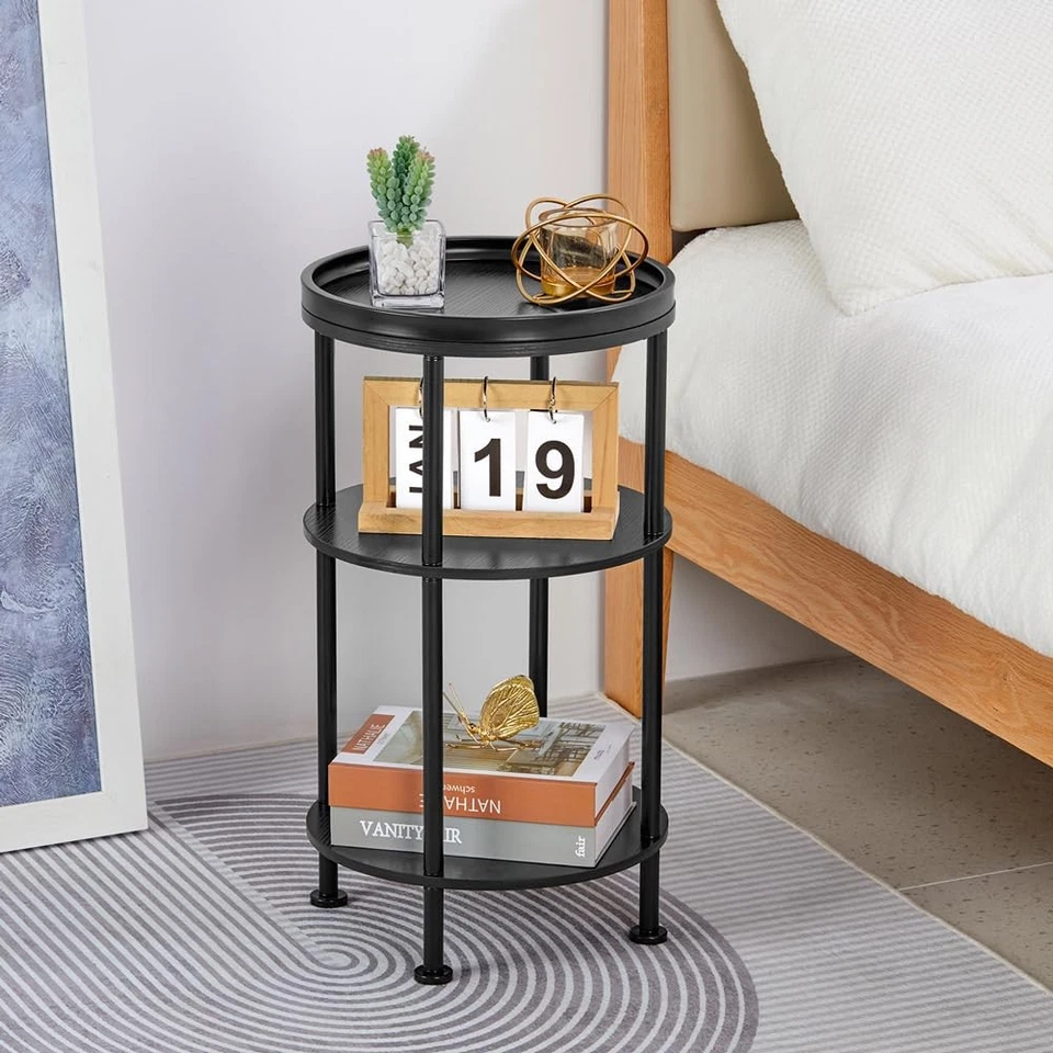 Mesa auxiliar redonda negra de 3 niveles para espacios pequeños sofá moderno mesa auxiliar esquinera Foto 3 de 4