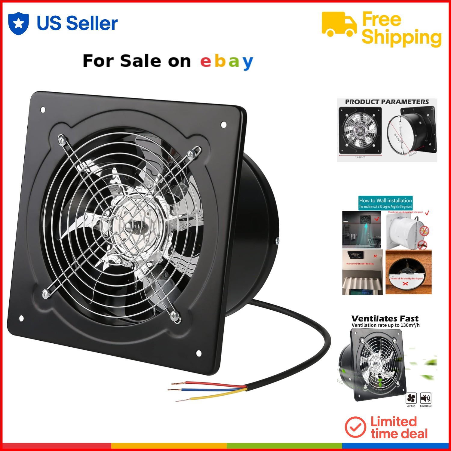6 Inch 40W Metal Exhaust Fan for Bathroom Kitchen Wall Ceiling Ventilation