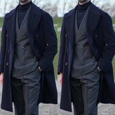 Wool Men's Long Overcoat Formal Business Double Breasted Winter Outdoor Wear