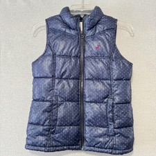 Old Navy Vest Girls XL Blue Quilted Polka Dot Puffer Fleece Lined Winter Zip
