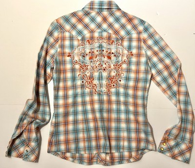 Vintage 90s Y2K Vigoss Western Snap Shirt WM SM Plaid Embroidered Pearl Button