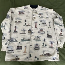 Vintage Art Unlimited XL Lighthouse Print Button Jacket USA Made Coastal