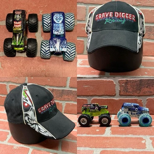 HOT WHEELS MONSTER JAM GRAVE DIGGER TRUCK & HAT LOT SPIN MASTER FIRE & ICE VTG