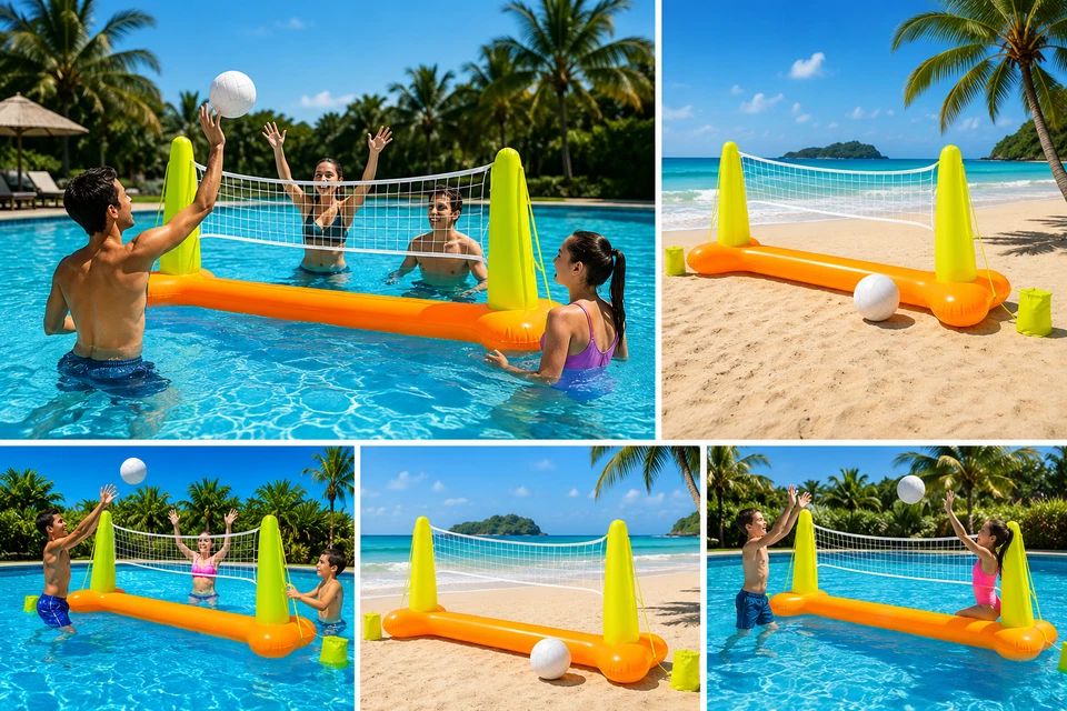 Ensemble Volley-Ball Aquatique Gonflable Piscine Filet Ballon PVC Été - Photo 1/2