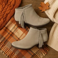 Crown Vintage Tammy Taupe Beige Fringe Suede Booties