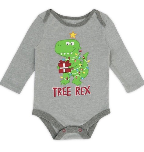 Infant Boys Gray Christmas Tree Rex Dinosaur Holiday Creeper Bodysuit