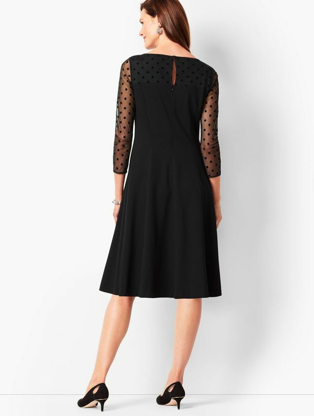 Talbots 12 Black Dress Sheer Mesh Polka Dot Ponte 3/4 Sleeve Fit Flare  Formal