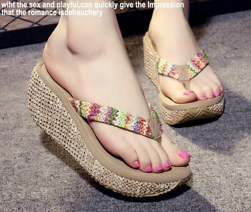 Damenschuhe Keilabsatz hoher Absatz Zehenstegsandalen Sommer Hausschuhe Freizeit Flip Flops - Bild 2 von 11