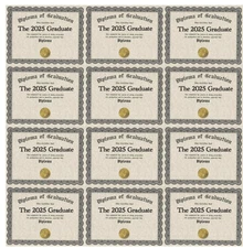 12 pc.  "The 2025 Graduate" edible wafer paper diplomas for desserts CHOOSE SIZE